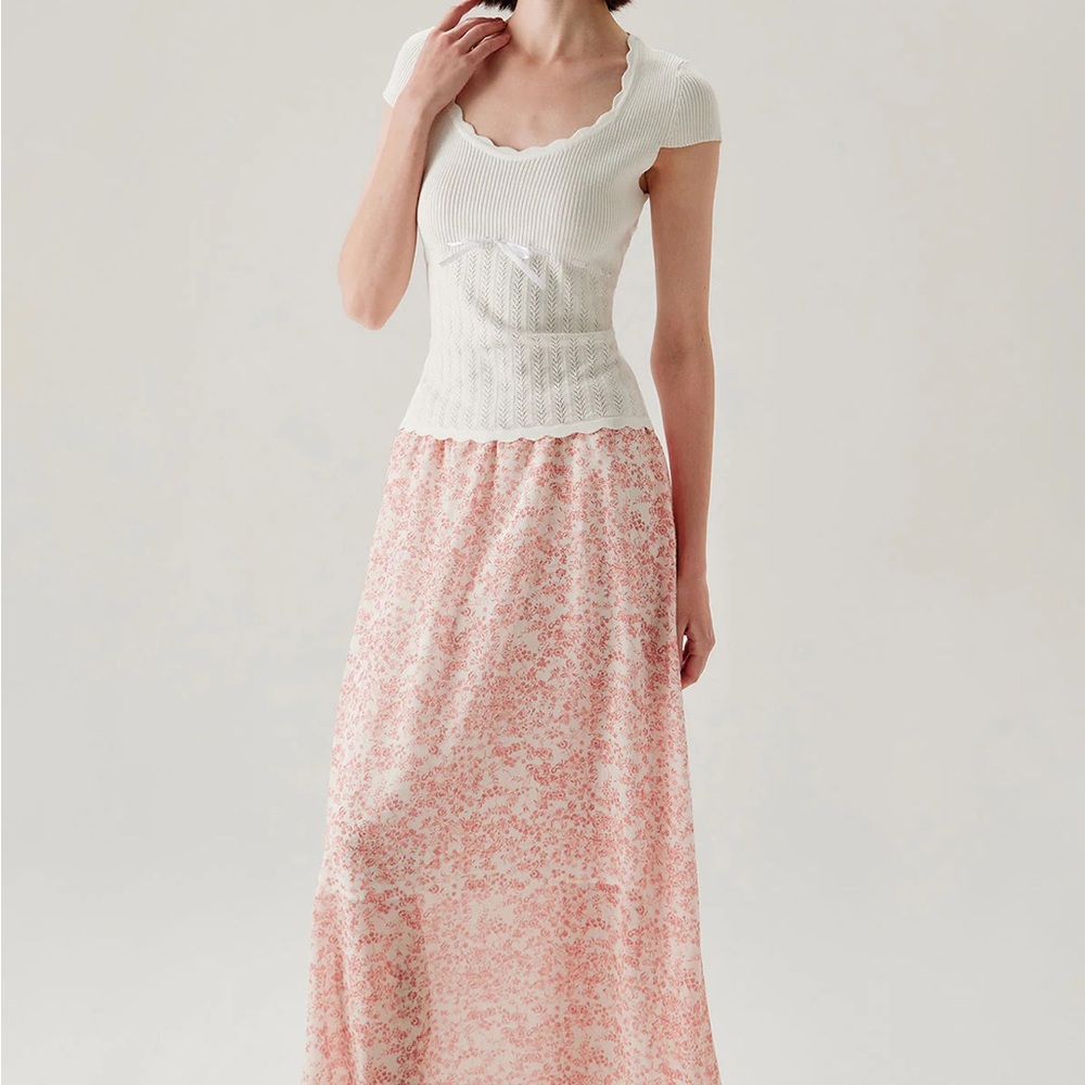 Rihoas Pink Floral Elastic Waist Flared Skirt - Picture 4 of 8